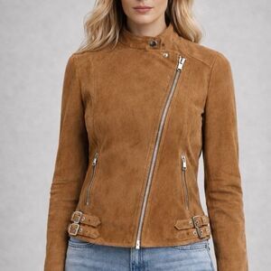 Ralph Lauren Light Brown 100% Suede Moto Jacket Buckles Asymmetrical Zip 6